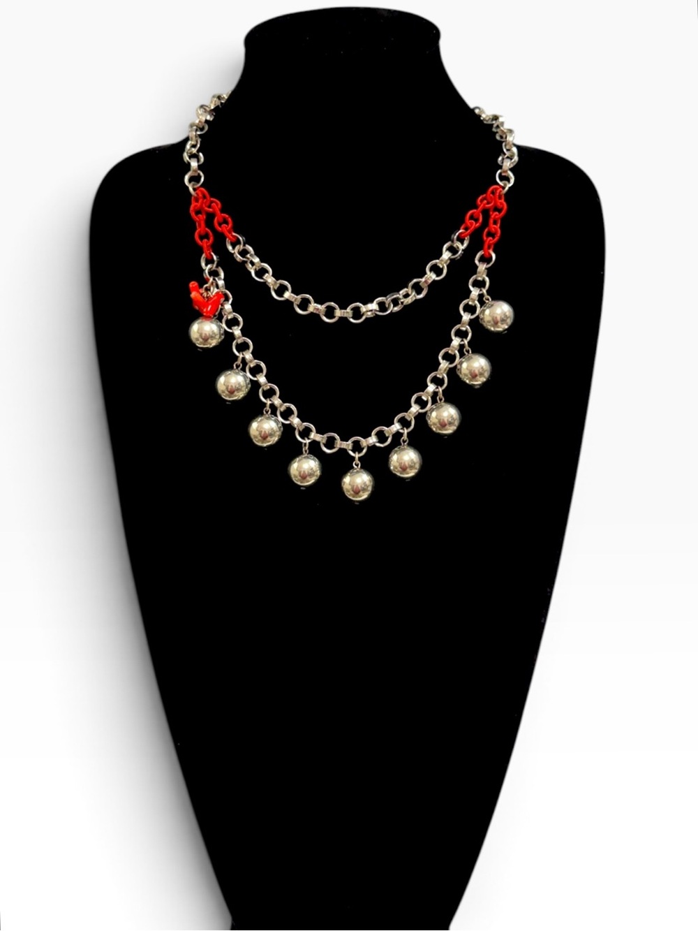 Lee Angel Silver Ball Red Coral Layered Necklace NWT